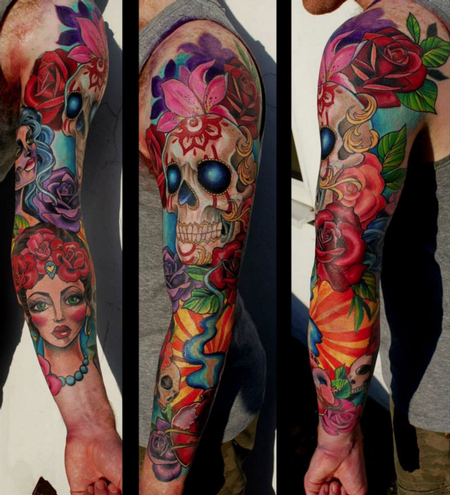 Tattoos - Skull and Flowers Sleeve - 114532